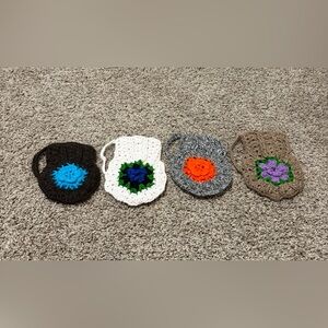 Crocheted Shoulder Bag - White with Blue & Green Flower